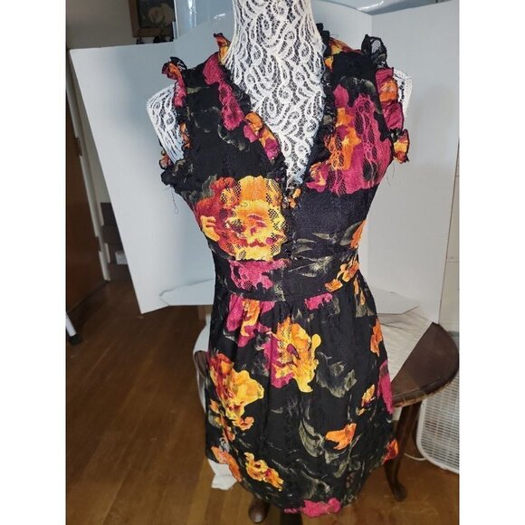 Kontagious L Women Black Floral lightweight Flutter‎ Sleeve Casual Dress Spring - Picture 1 of 10